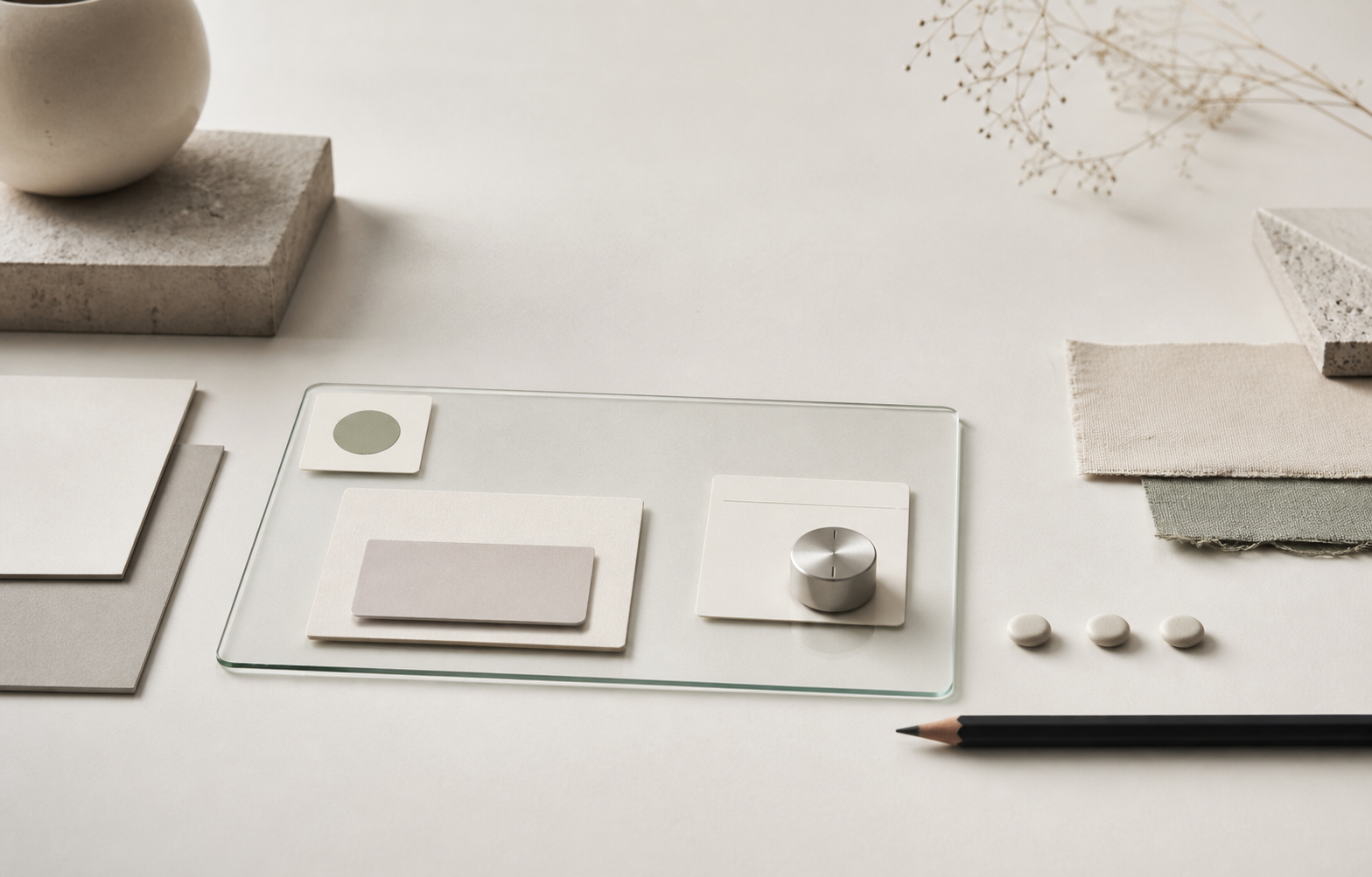 Composition minimaliste d'objets de studio evoquant des composants d'interface.