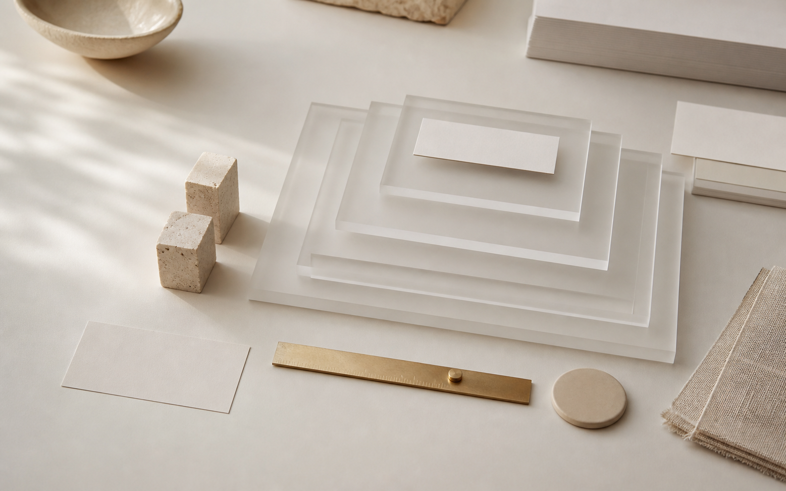 Objets de bureau minimalistes evoquant des calques de design et une mise en ligne.